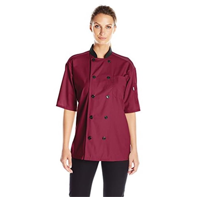 Vtex 0494-0302 Uncommon Threads Womens Havana Chef Coat SS Mesh Black Trim, Burgundy - Small