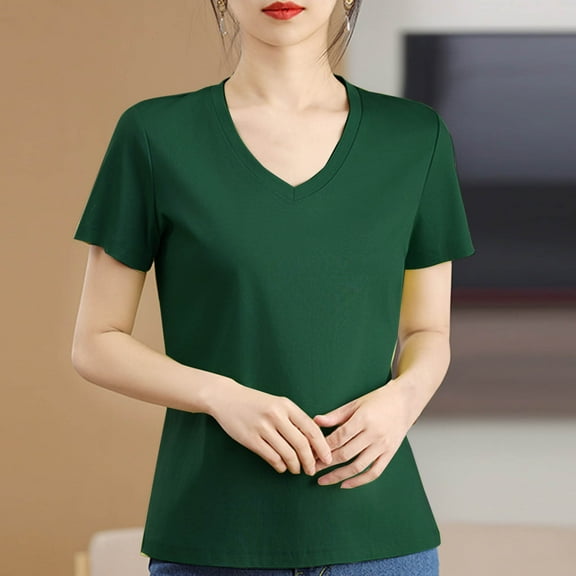 QUNYINEY Tshirts Shirts for Women Short Sleeve Casual V Neck Solid Tops Loose Pullover Cotton Breathable Shirts
