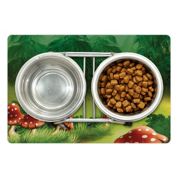 Mushroom Pet Mat for Food and Water, Fly Agarics Wonderland Lawn Meadow Scenery Greenwood, Non-Slip Rubber Mat for Dogs and Cats, 18" X 12", by Ambesonne