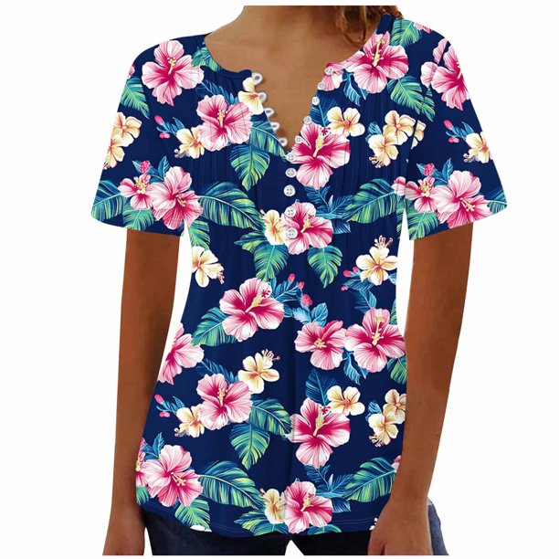 Tops de Algodón para las Mujeres Impreso V-Cuello Botón de Manga Corta, Blusa de Estante de Imitación Casual