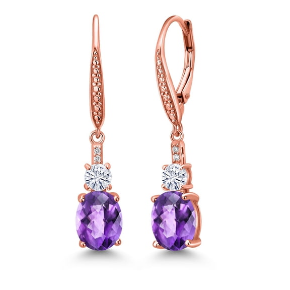 Gem Stone King 18K Rose Gold Plated Silver Green Nano Emerald and White Lab Grown Diamond Dangle Earrings for Women (3.63 Cttw, Oval 9X7MM)