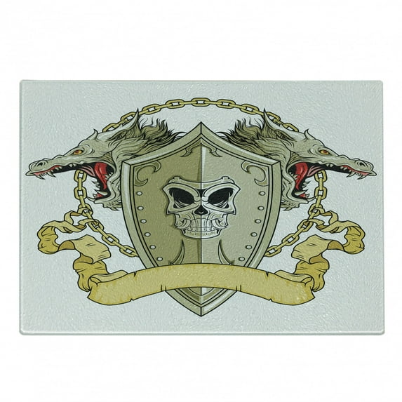 Dragon Cutting Board, Skull on Knights Shield with Dragon Heads and Scroll Medieval Warrior Myth, Decorative Tempered Glass Cutting and Serving Board, Small Size, Yellow White, by Ambesonne