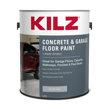 KILZ 1-Part Epoxy Concrete and Garage Floor Paint, Interior/Exterior, Satin, Silver Gray, 1 Gallon