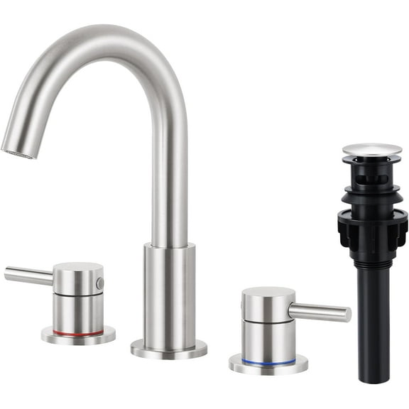 Brushed Nickel Bathroom Faucet 3 Hole, 8 inch Widespread Bathroom Faucets for Sink 3 Hole Brushed Nickel with Pop-Up Drain Water Supply Lines