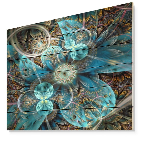 Designart 'Fractal Blue Flowers Pattern' Floral Art Print on Natural Pine Wood