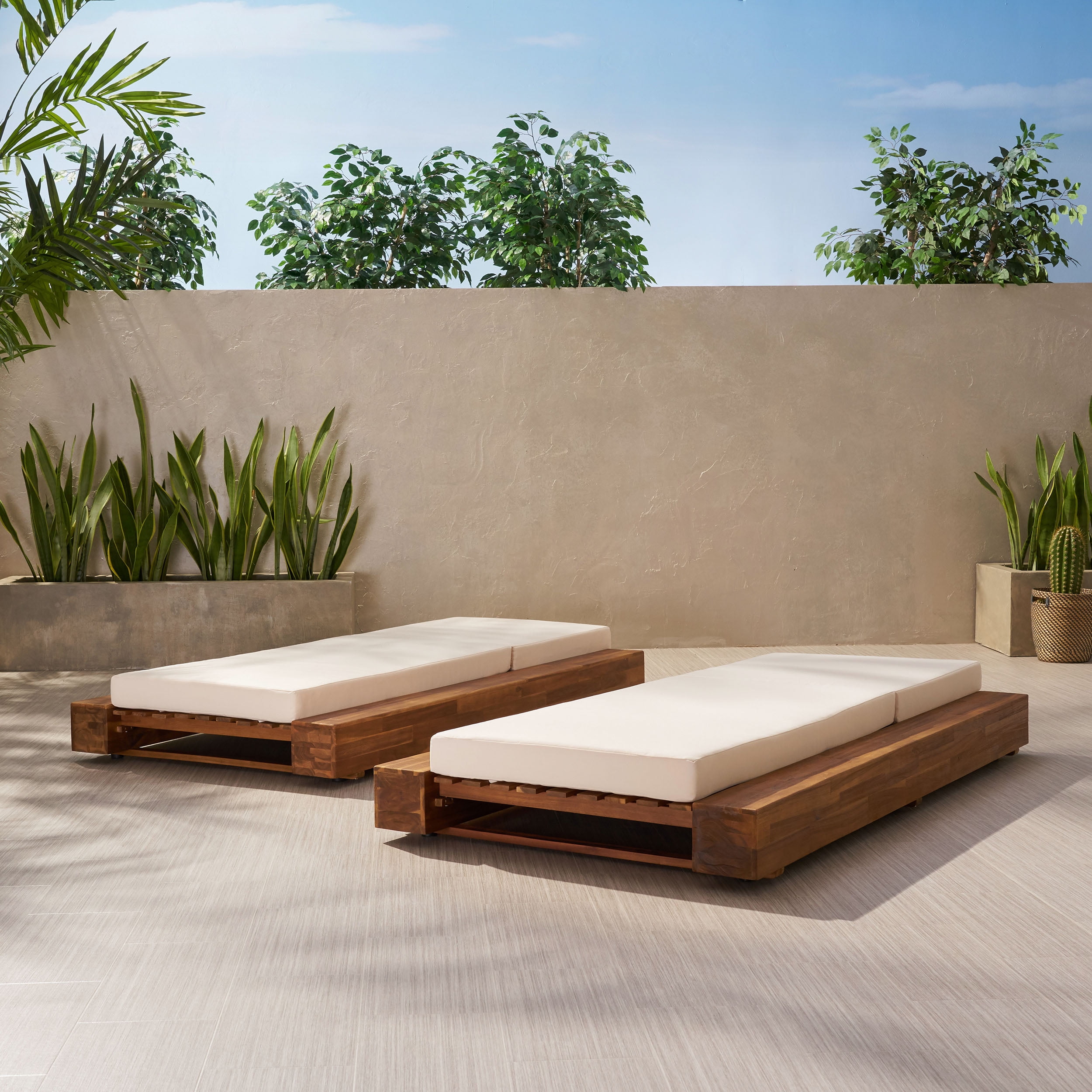 Rigby Outdoor Acacia Wood Chaise Lounge and Cushion Sets, Set of 2, Teak and Cream