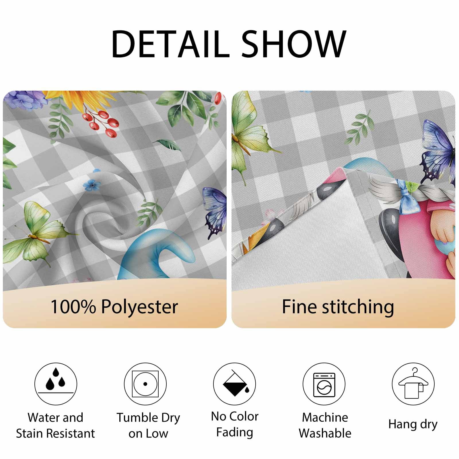 Round Tablecloth Spring Gnomes Easter Waterproof Oil Proof Polyester Table Cloth Cover Decor for Home Dining Outdoor,Patio,Parties, 54" Dia. Flowers Butterflies Grey Plaid