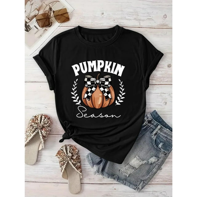 Women's Pumpkin Season Graphic T-Shirt - Dark Green Fall Tee with Pumpkin Design, Casual everyday & Halloween outfits, Machine Washable Shirt for autumn Harvest Parties, Summer Vacation apparel