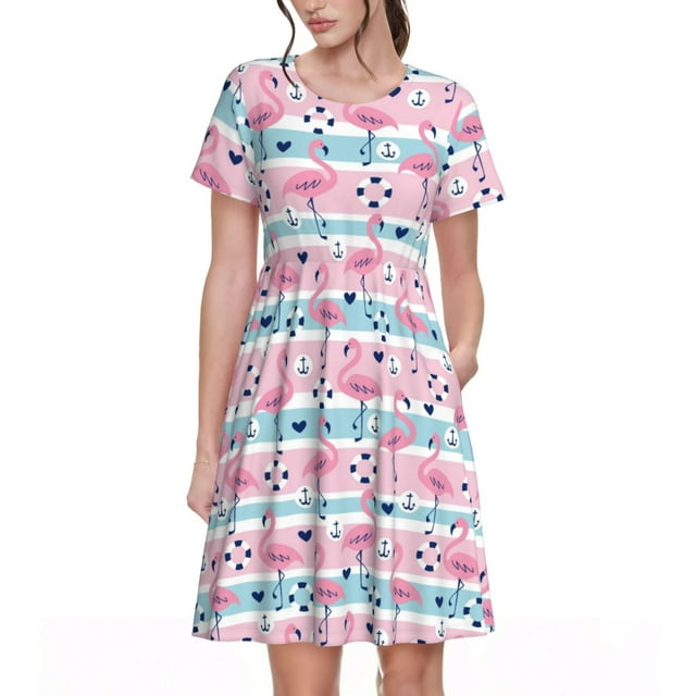 Saiise Robes d'Été à Motif Flamant Rose Rayé pour Femmes T-Shirt Décontracté Manches Courtes Robe de Plage Florale avec Poches
