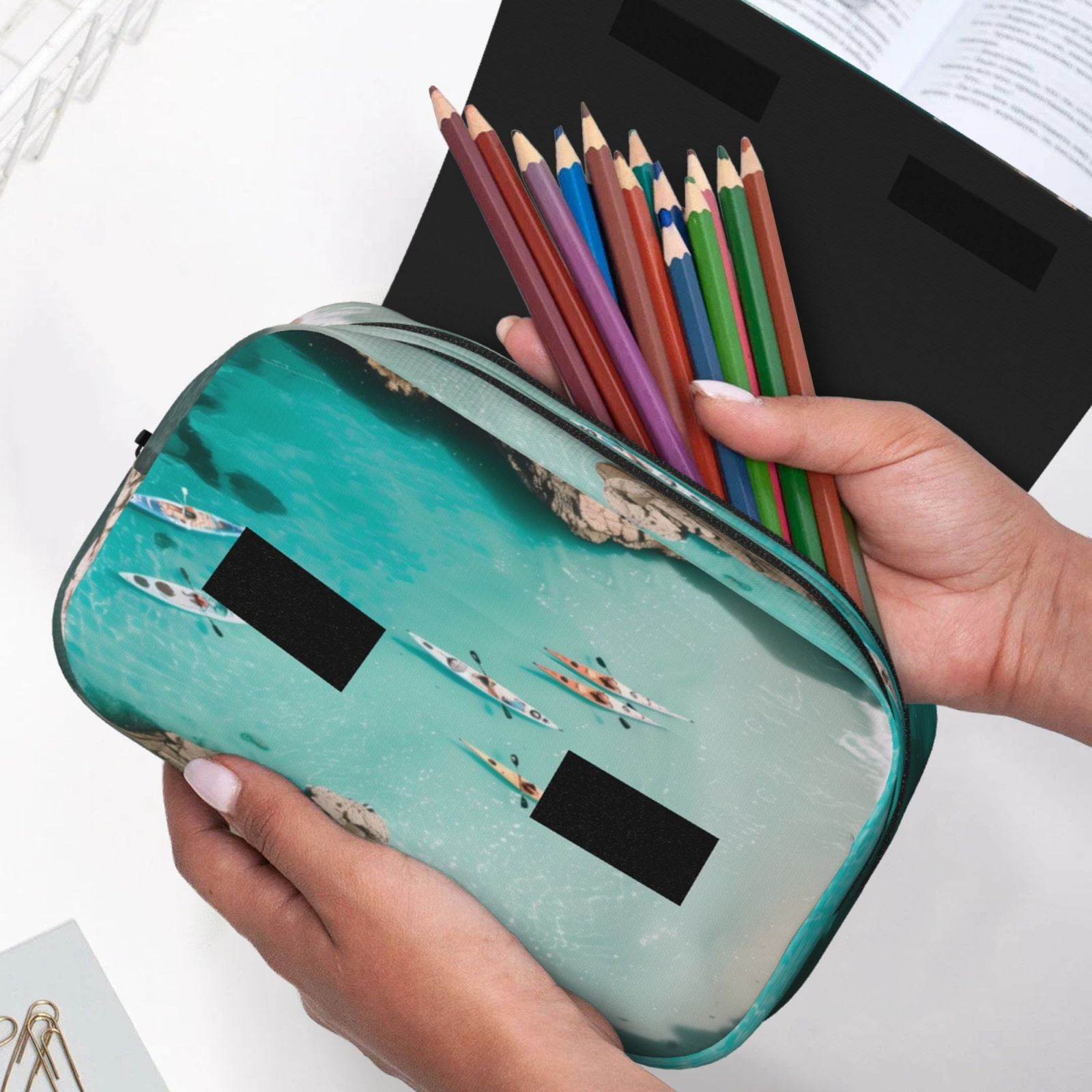Rateoe Turquoise Beach Kayaking Pattern Double Clamshell Pen Case, Storage Organizer with Two Zipper Compartments– Holds Up to 50 Pencils & Pens