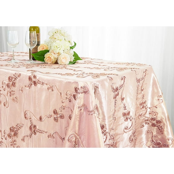 Wedding Linens Inc. 90" x 132'' Rectangular Ribbon Taffeta Tablecloth for Wedding, Luxury Events, Party use - Blush Pink