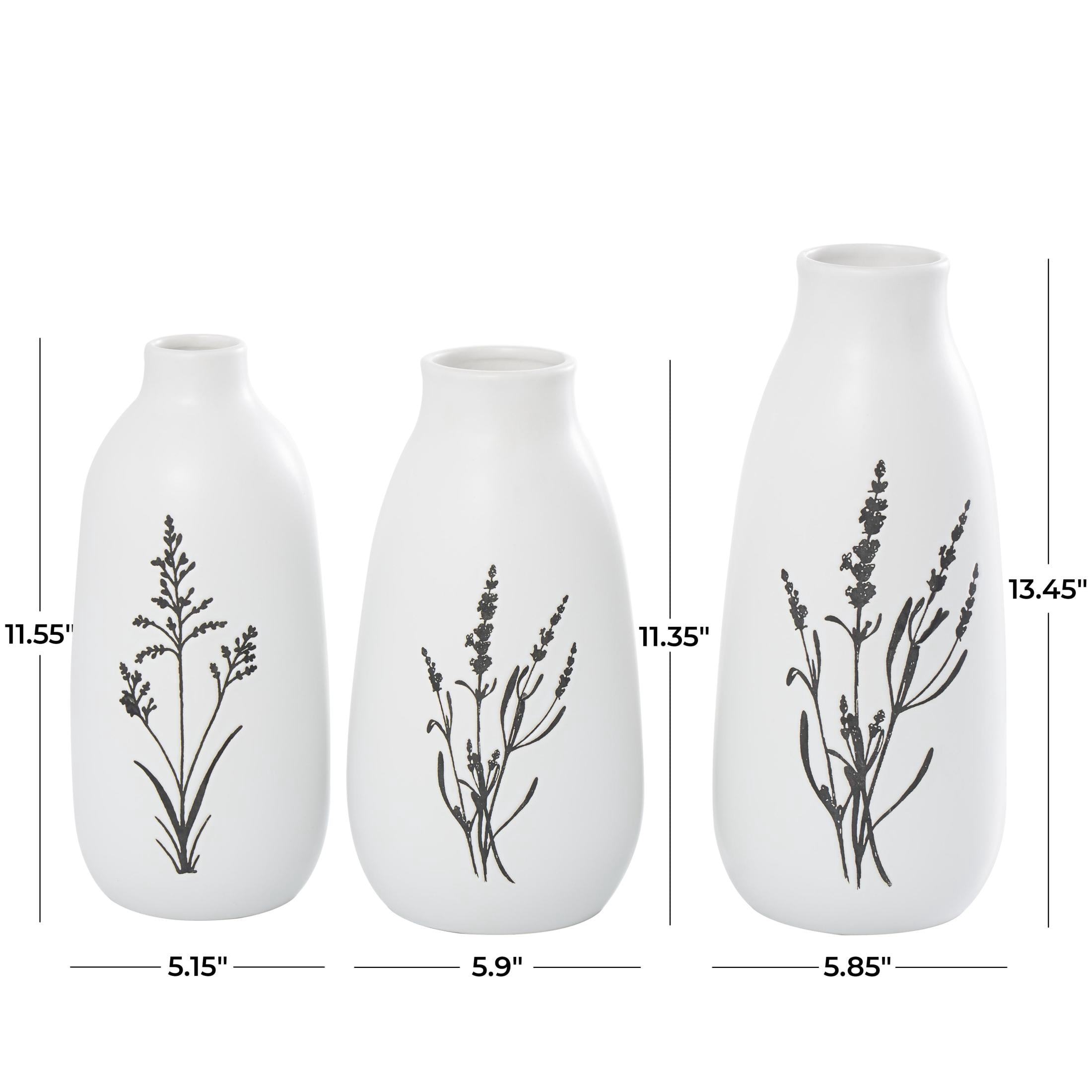 DecMode 13", 11", 12"H Floral White Ceramic Vase with Black Lavender Prints, Set of 3