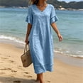 thumbnail image 2 of akafmk Summer Womens Linen Dresses V Neck Ruffle Short Sleeve Maxi Dress Loose Solid Color Casual Vacation Dress, Size L, 2 of 7