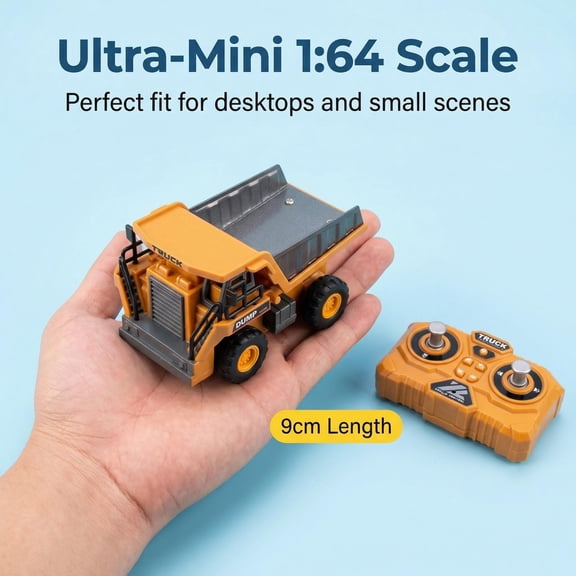 1:64 Scale Yellow Mini RC Dump Truck Toy, Partial Alloy & Plastic Remote Control Construction Vehicle, 360° Rotation, LED Lights, Battery & Charger Included for Kids Ages 6 and Up