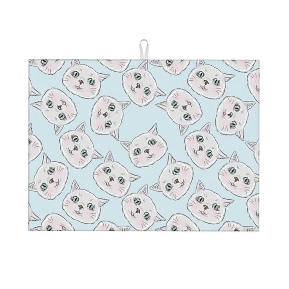 Dish Drying Mat, Upbeat Cute Cat Face Highly Absorbent Microfiber Drying Mat Kitchen Counter or Sink Drawer Liner, 18x24 Kitchen Drying Mat Coffee Mat Kitchen Essentials