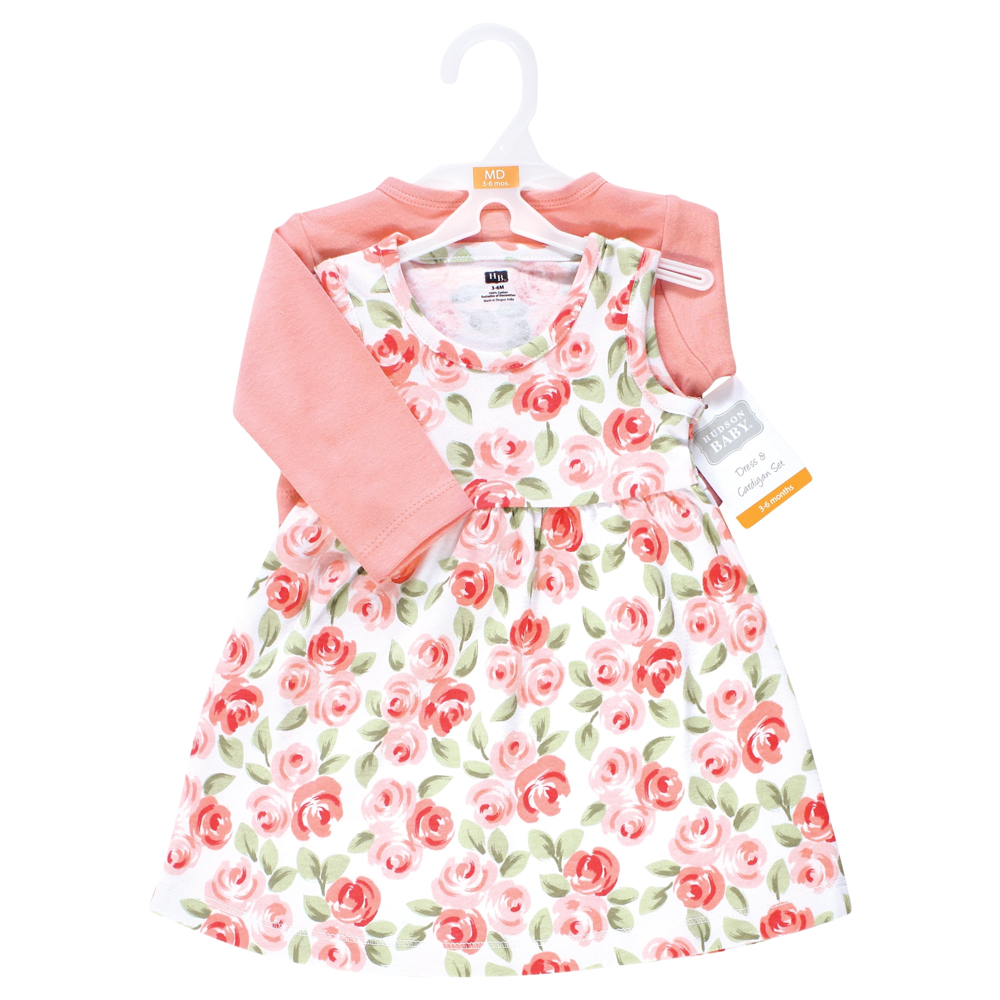 Hudson Baby Infant and Toddler Girls Cotton Dress and Cardigan Set, Coral Floral, 3T