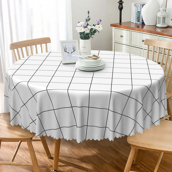 Nanqianyi Plaid Round Tablecloth 70 Inch, Black Grid Lines Waterproof Resistant Wrinkle Round White Table Cloth for Kitchen Dining Room