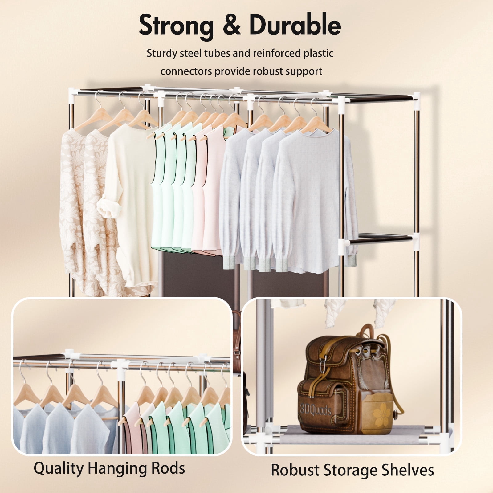 Portable Closet Organizer with Cover, Non-woven Fabric Clothing Rack Shelf, Dustproof Wardrobe Closet Storage, Navy Blue