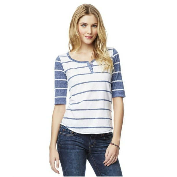 Aeropostale Womens Striped SS Henley Shirt, Azul, X-Small Aeropostale henley