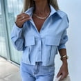 thumbnail image 4 of WREESH Women's Solid Long Sleeve Shirt Casual Turndown Collar Button Blouse Fashion Summer Solid Color Crop Top with Pocket Blue, 4 of 6