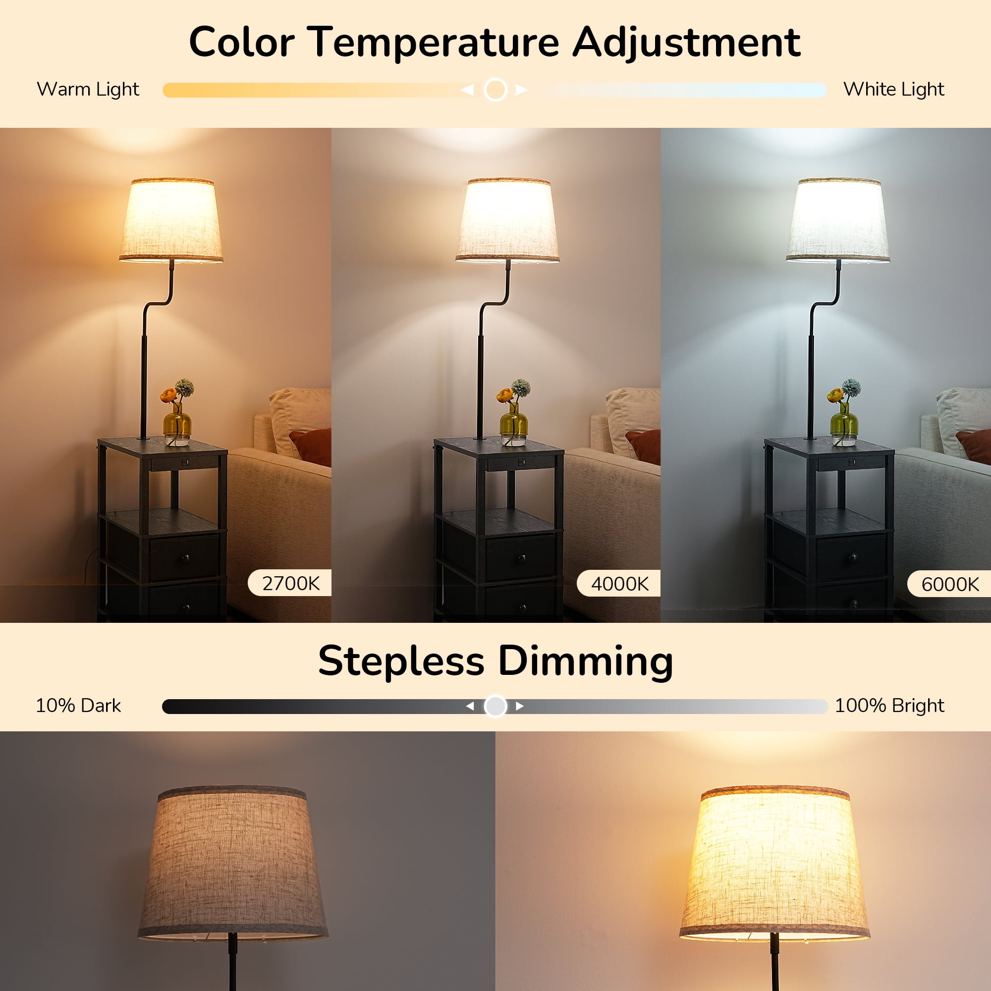 EDISHINE 58.2in Floor Lamps with Table for Living Room, USB Charge, Rustic Farmhouse Wooden Floor Lamp for Bedroom, Office, Black