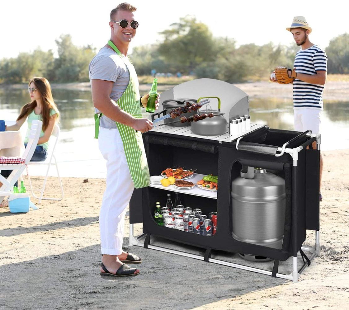 Portable Outdoor Aluminum Cooking BBQ Table for BBQ Party Picnics Backyards and Tailgating Giantex Camping Cook Table Kitchen Station with Storage Organizer and Carrying Bag 