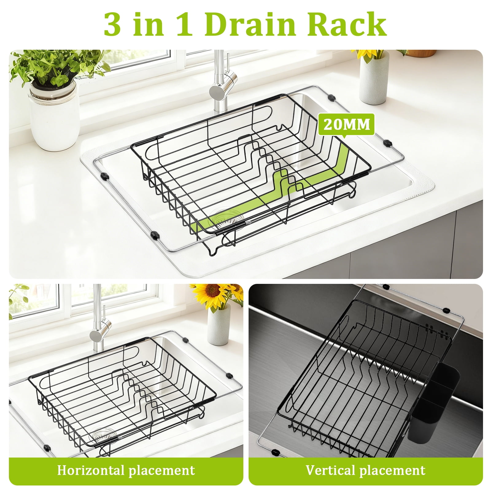 Expandable Dish Drying Rack in Sink Adjustable Stainless Steel Dish Drainer Over The Sink with Utensil Holder for Kitchen Sink, 14.5"~20.9" L x 10.2"W