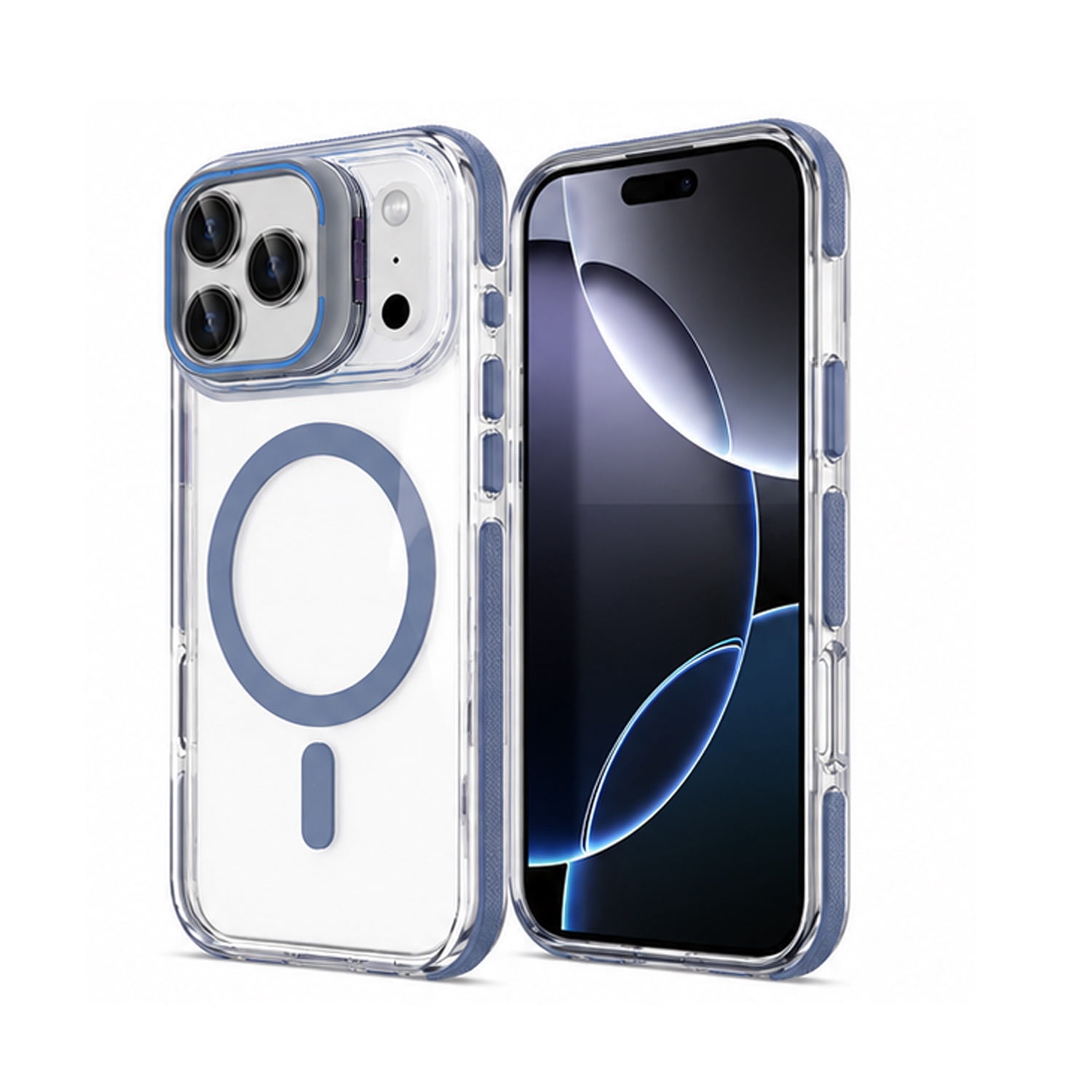 Thin Clear Magnetic Case with Camera Ring Stand for iPhone 17 Pro Max - Blue