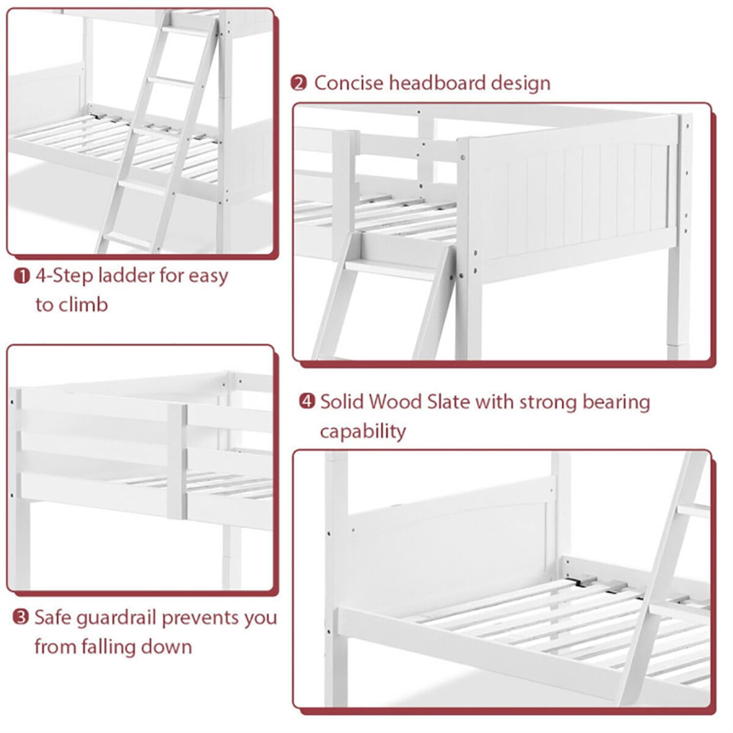 Demi Bonn Solid Wood Twin Over Twin Bunk Bed with Ladder, Twin Bunk Beds, Converts to 2 Individual Twin Beds, White