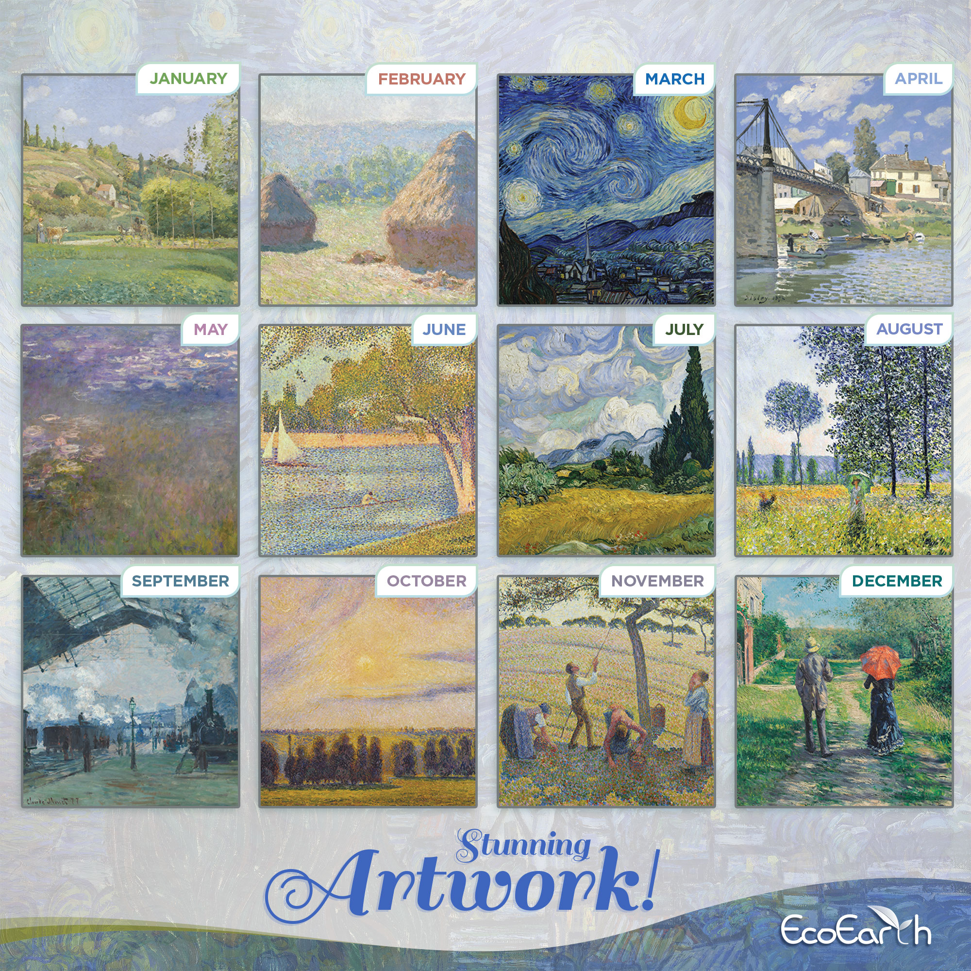 EcoEarth 12Month Calendar for 2024 Impressionist Masters (11x17 Open