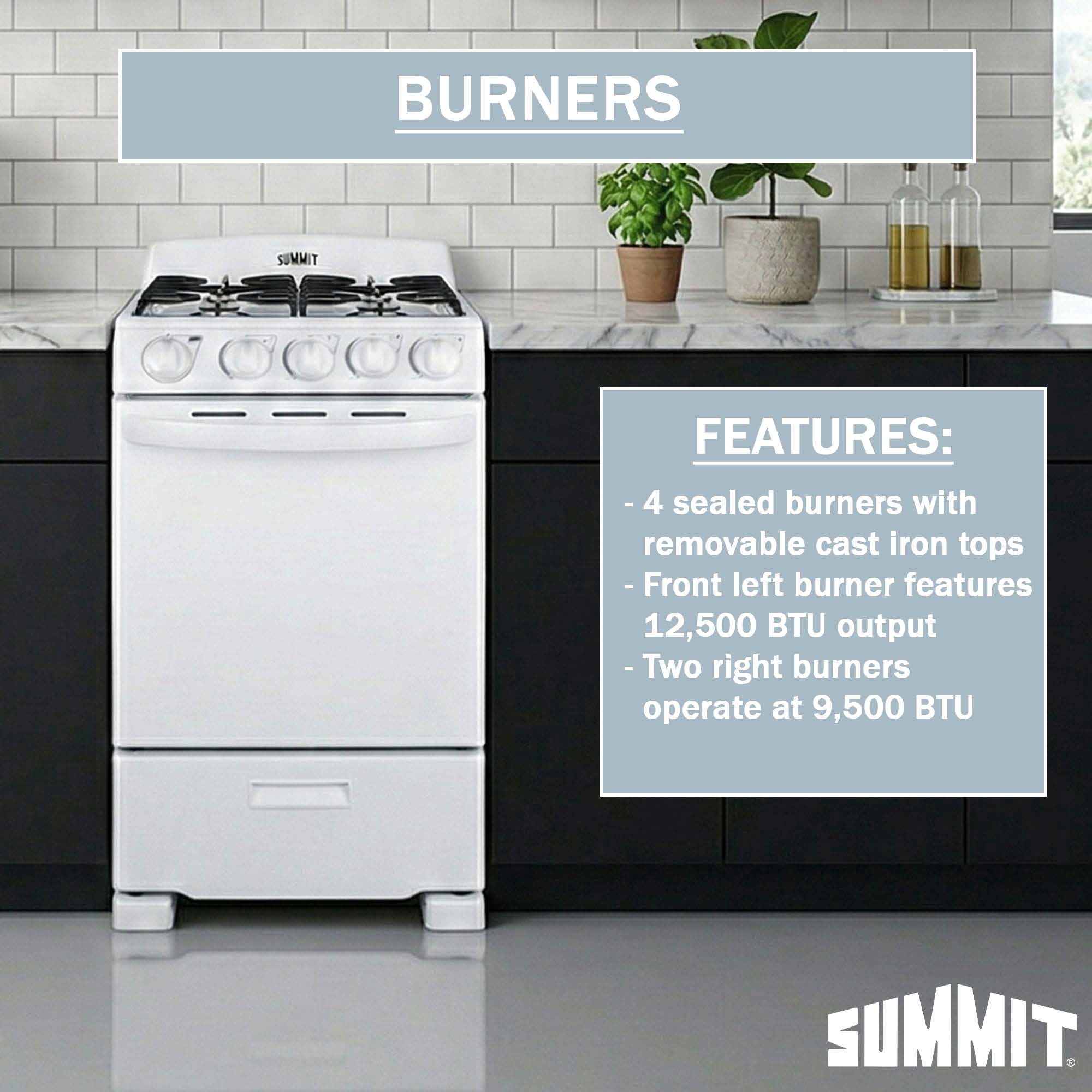 Summit 20 Inch Gas Range, 2.3 cu.ft. Oven,, ADA Compliant, White - RG244WS