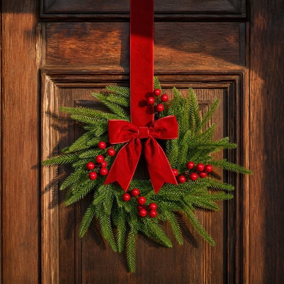 11.8in Lightweight Artificial Pine Needle Christmas Door Wreath with Velvet Red Bow Red Berries, Hanging Ornament for Mantel Indoor Outdoor Winter Holiday Decor