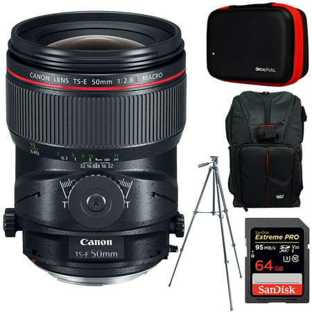 Canon TS-E 50mm f/2.8L Macro Tilt-Shift EF-Mount Full Frame Lens + 64GB Accessories Bundle Includes Backpack for Cameras + All-in-One Cleaning Kit for DSLR Cameras + 60-Inch Video & Photography