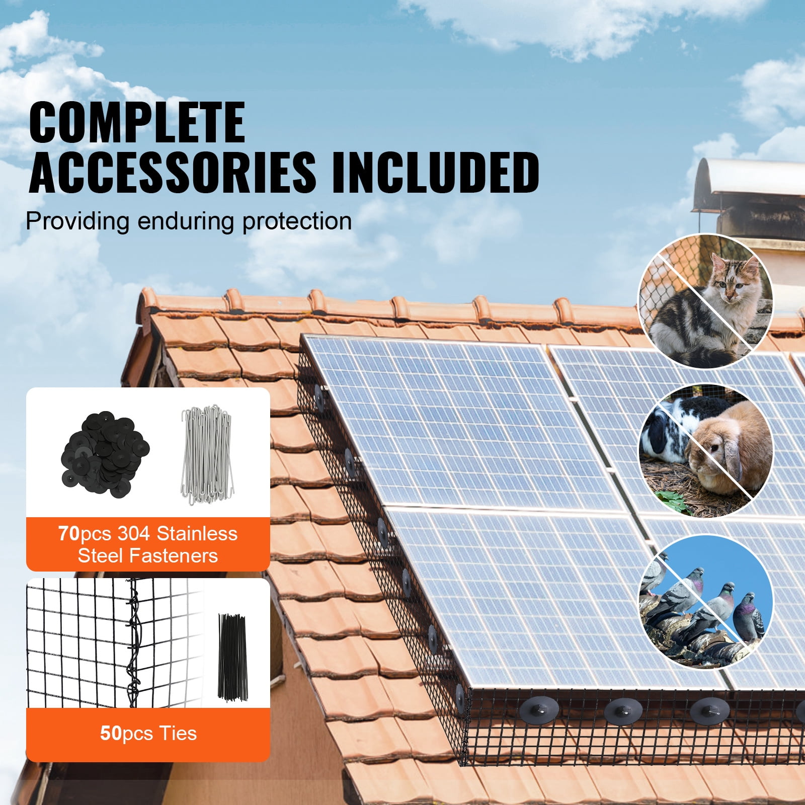 VEVOR 8 inch x 100ft Solar Panel Bird Guard, Critter Guard Roll Kit with 70pcs Aluminum Alloy Fasteners, Solar Panel Guard with Rust-proof PVC Coating, 1/2 inch Wire Roll Mesh