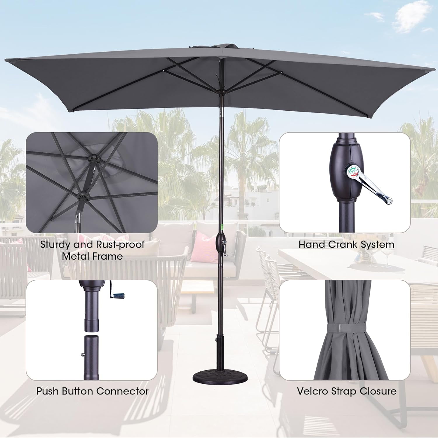 Sunvivi 6.5 x 10 Ft Rectangular Patio Umbrella, Outdoor Table Market Umbrella with Crank, 6 Steel Ribs, Polyester Canopy, Grey