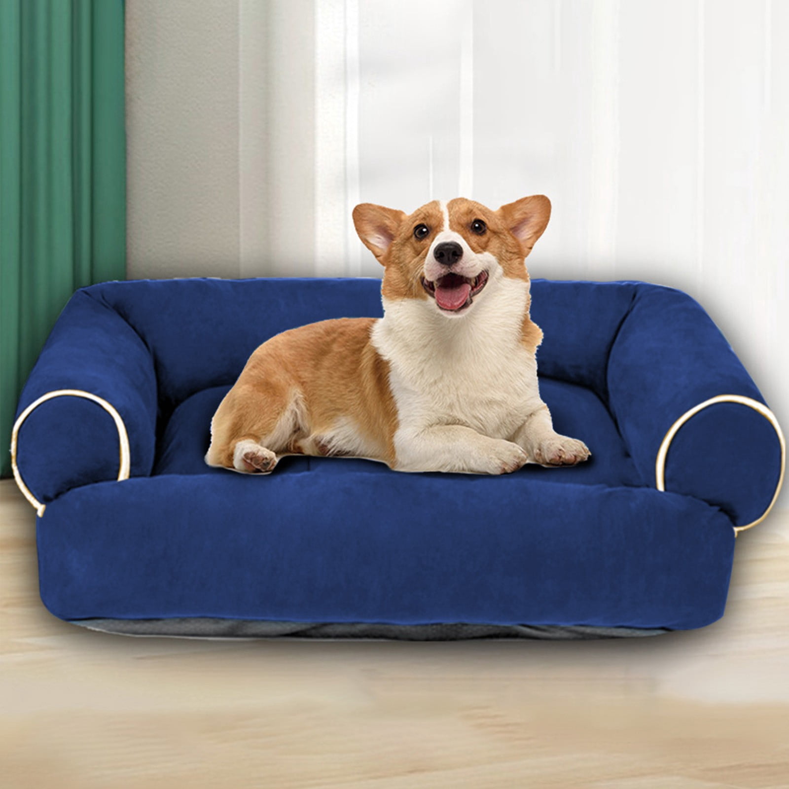 Suede Orthopedic Dog Bed for Small to Medium Dogs, Soft Pet Couch Bed with Sides, Non-Slip Bottom, Blue