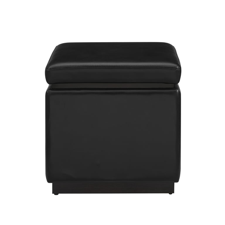Linon Elta Square Storage Ottoman Black Faux Leather