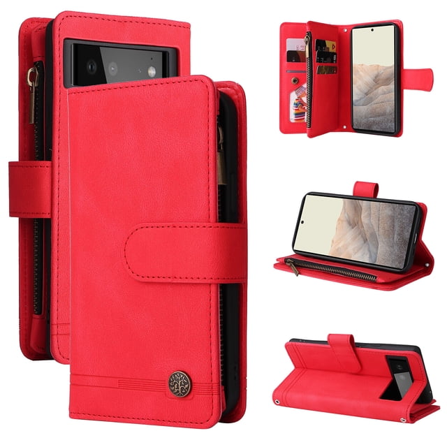 Case for Google Pixel 6 5G Cover Zipper Pocket Wallet Case Magnetic Protective - Red