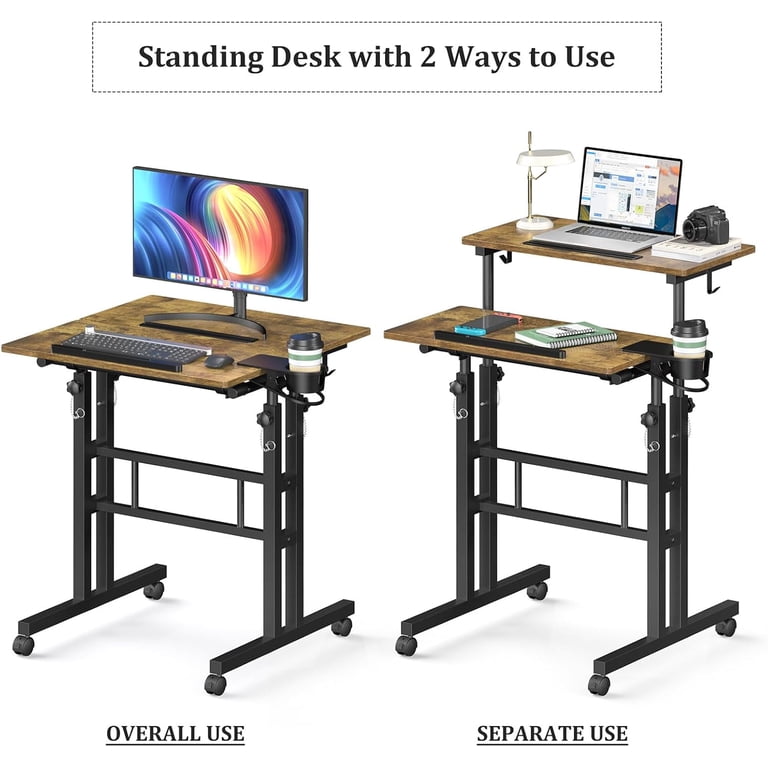 Small Standing Desk With Wheels – Adjustable Height Mobile Desk For Walking Pad, Laptop, Rolling Computer Desk