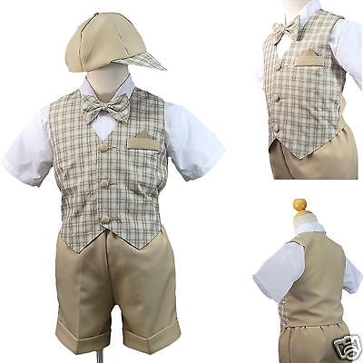 Unotux 5pc Boy Checks Gingham Eton Formal Navy Blue Short Vest Set Suit Hat S-4T 2T
