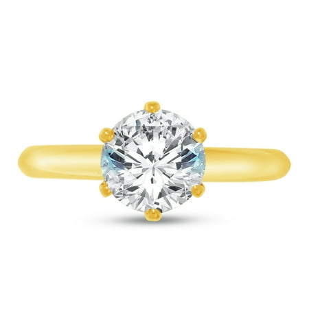 - Solid 14k Yellow Gold Round Cut Six Prong Classic Solitaire Wedding Engagement Ring CZ Cubic Zirconia 1.50ct. , Size 7