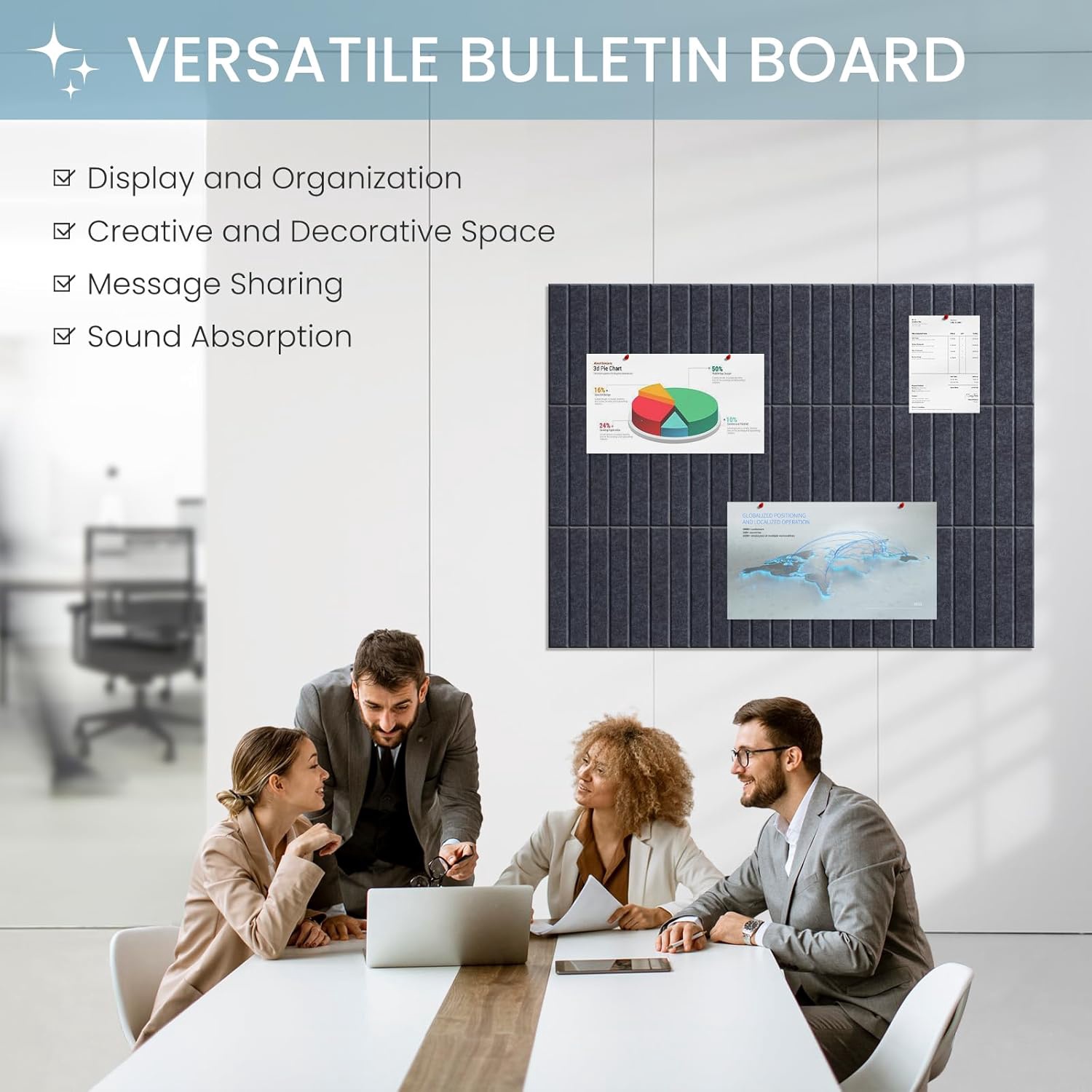 Large Cork Bulletin Board for Wall 36"x24", 6 Pack Felt Slat Wall Panel Tiles with 30 Pushpins, 25 Safe Removable Adhesive Tabs, Decorative Pin Board Tack Board for Office Home School, Deep Gray