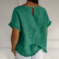 thumbnail image 6 of Danhjin Linen Half Sleeve Shirts For Women Round Neck Solid Color Tops Summer Shirts Ruffle Pleated Hem Casual Comfy Daily Basic Tops, 6 of 8