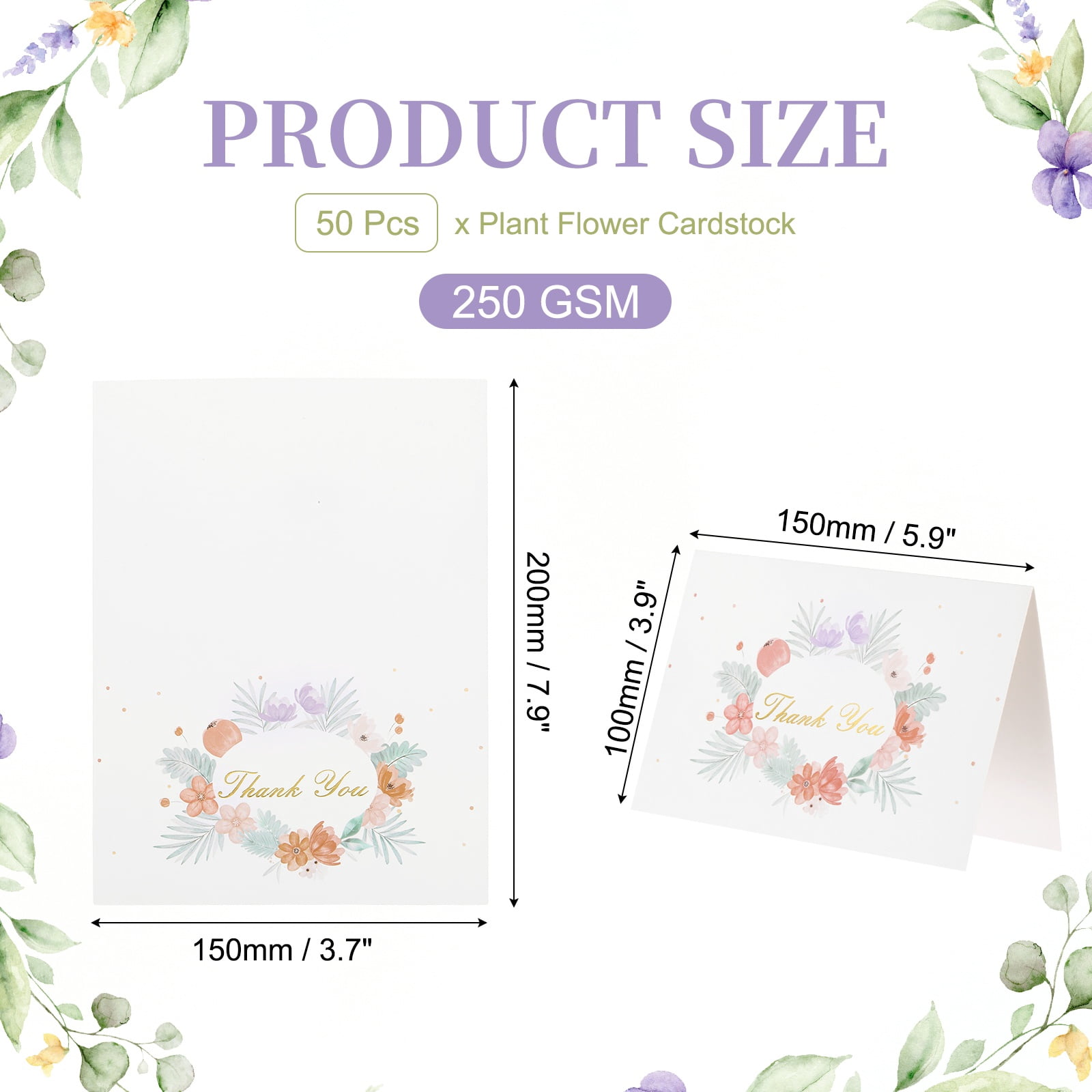 Uxcell 50Pcs Thank You Cards, 5.9"x7.9" Floral Folded Blank Cardstock, Thank You Notes for Greeting Cards Wedding Graduation Birthday DIY Craft Invitations, Daisy Wreath Style