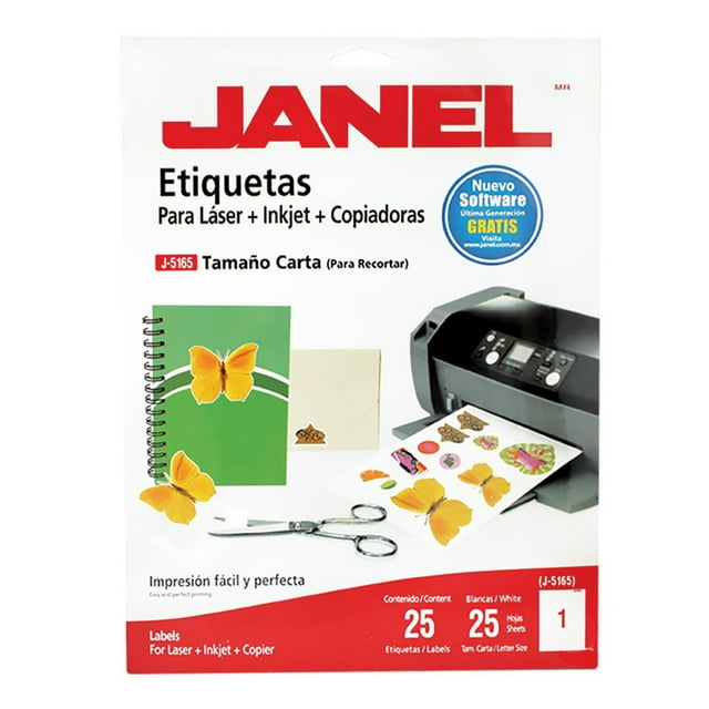 Etiqueta Adhesiva Láser Janel Tamaño Carta 21.6 x 27.9 cm 25 Piezas