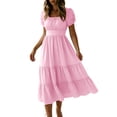 thumbnail image 3 of Lcziwo Women Boho Midi Summer Dress Short Sleeve Square Neck Tiered Midi Dress Flowy High Waisted Vacation Sundresses Pink,L, 3 of 7