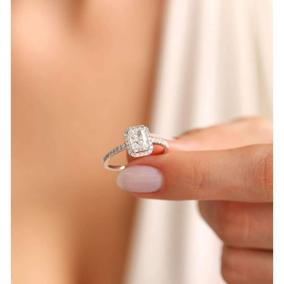 vylahjewellery 2 Ct Expensive Radiant Cut Moissanite Diamond Ring Wedding Halo Plated White Gold Anniversary Ring for Women