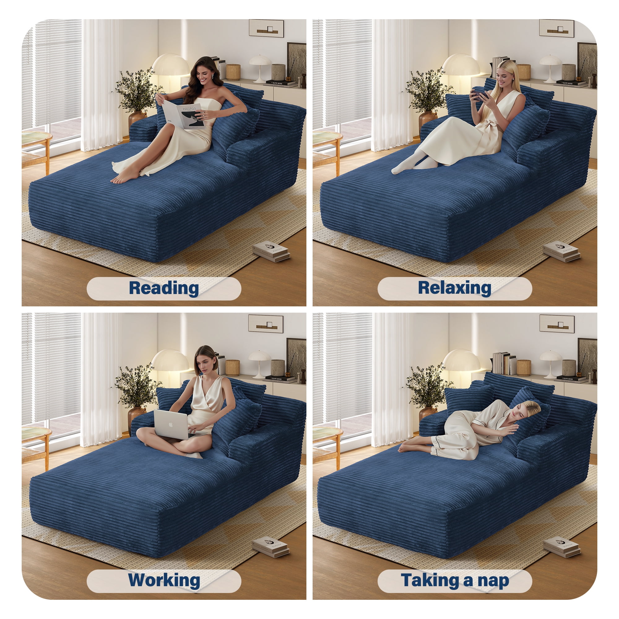 Aukfa 78.7" Extra Long Chaise Lounge Sofa, Oversized Upholstered Couch with 3 Pillows for Indoor Living Room/Bedroom,Blue
