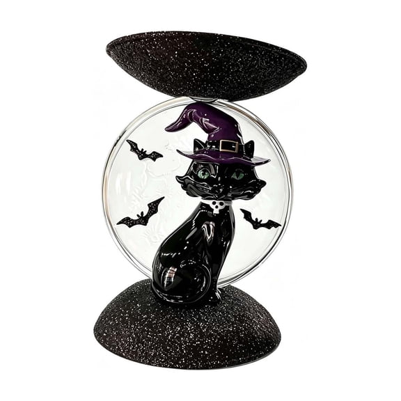 Whyan Halloween Black Witch Cat Candle Holder, Resin Bat Witch Cat Globe Candlestick with Glitter Tray, Gothic Tabletop Decor for Pillar Candle Halloween Party Home Gift 15cm,Black,Halloween