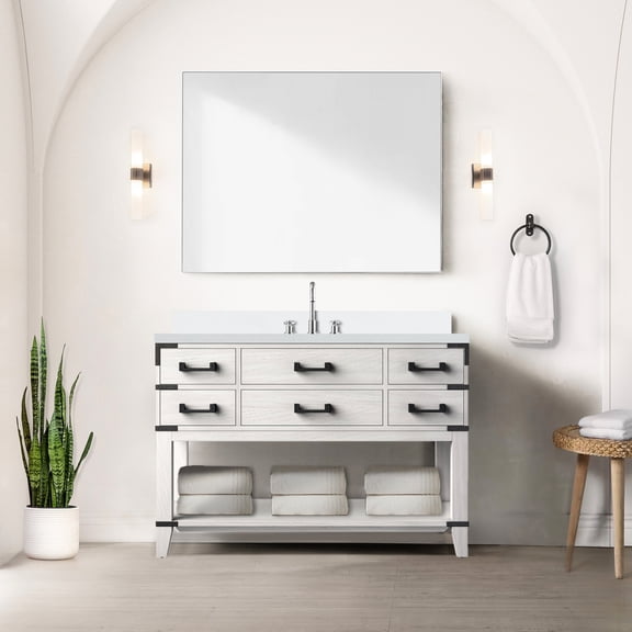 White Oak Bath Vanity 48"x22", Polished Quartz Countertop, Faucet, Mirror Top 48in W X 22in D, 46in Mirror,